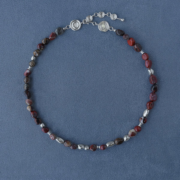 SALE E PEPE Sterling Silver Rainbow Stone Beaded Necklace SEP-SP04N31-HY Red/Silver